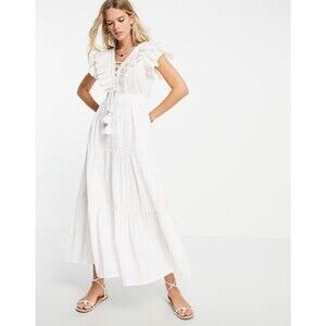 Topshop 2 Maxi Dress Ivory Breezy Ruffle Cotton Seersucker Tiered Lined NWOT
